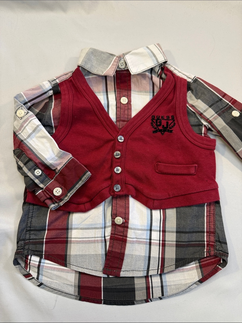 Guess Red Plaid Button-Down with Maroon Vest - Kids - roll up sleeves